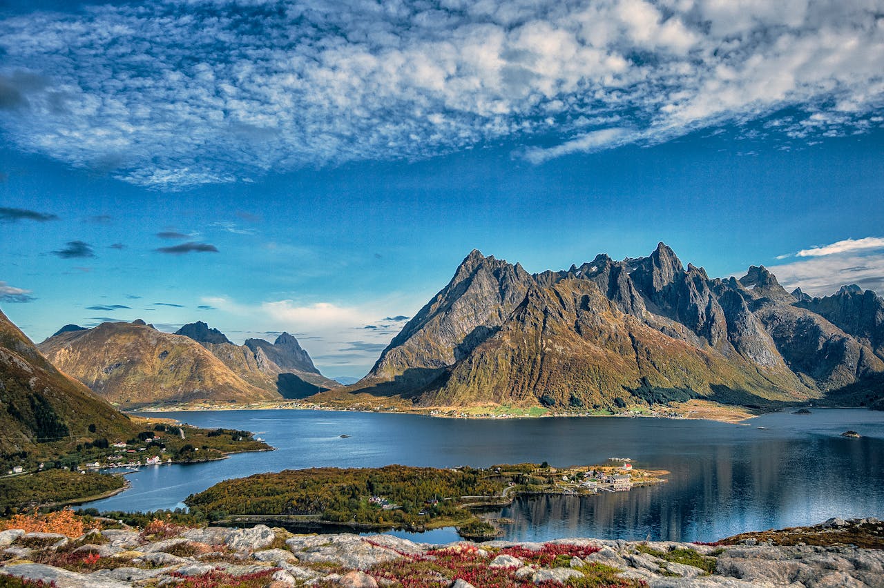 Services A breathtaking view of the Lofoten Islands, showcasing the majestic fjords and mountain scenery.